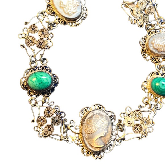 Antique Abalone Cameo Wire work Filagree Green Murano glass Italy Bracelet - Picture 3 of 10